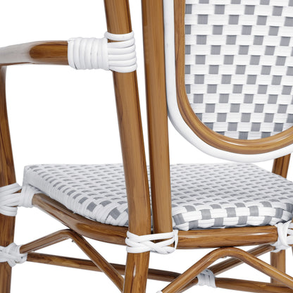 Merrick Lane Stacking Thonet French Bistro Style Chair with Arms, Black & White PE Rattan Seat, and Bamboo Finished Metal Frame for Indoor/Outdoor Use