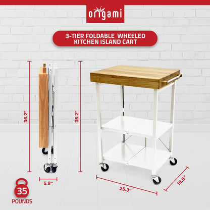 Origami Foldable Wheeled Portable Solid Wood Top Kitchen Island Bar Cart