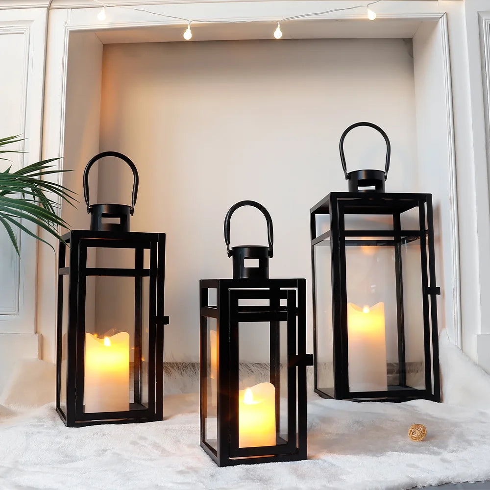 Stainless Steel Lantern Set of 3 12/15/19" Metal Lanterns with Tempered Glass for Parties & Events (Silver )