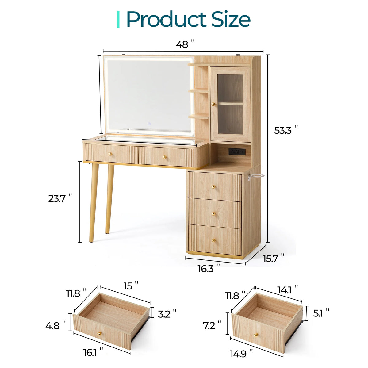 Linsy Home Large 47.2" Makeup Vanity With Mirror And 11 Lights, Glass Top Vanity Desk with 9 Drawers & 2 Adjustable Cabinets, Dressing Table with Charging Station & Hair Dryer Rack For Bedroom, White
