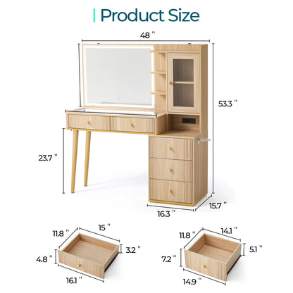 Linsy Home Large 47.2" Makeup Vanity With Mirror And 11 Lights, Glass Top Vanity Desk with 9 Drawers & 2 Adjustable Cabinets, Dressing Table with Charging Station & Hair Dryer Rack For Bedroom, White