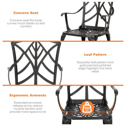 NUU GARDEN 2 PCS Cast Aluminum Dining Chairs ,Outdoor Patio Bistro Chairs Set of 2 ,Stackable Patio Dining Chairs with Armrest,Black with Gold-Painted Edge