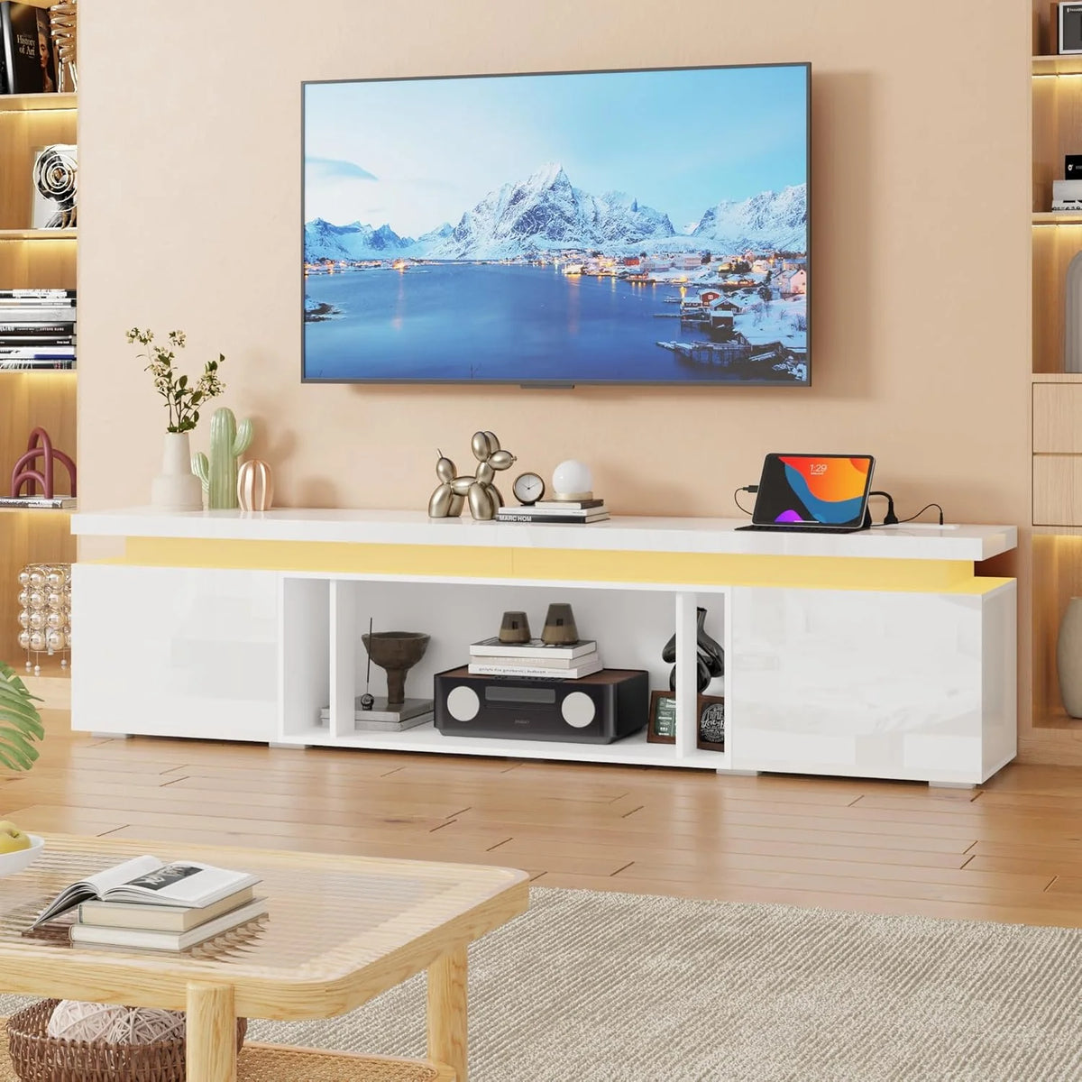 Blotout High Gloss LED TV Stand for up to 80" TVs /40" Electric Fireplace, 71" Large Entertainment Center Console Table with Power Charging Station