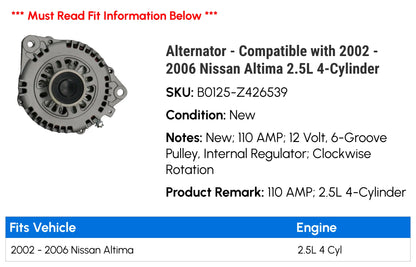 Alternator - Compatible with 2002 - 2006 Nissan Altima 2.5L 4-Cylinder 2003 2004 2005