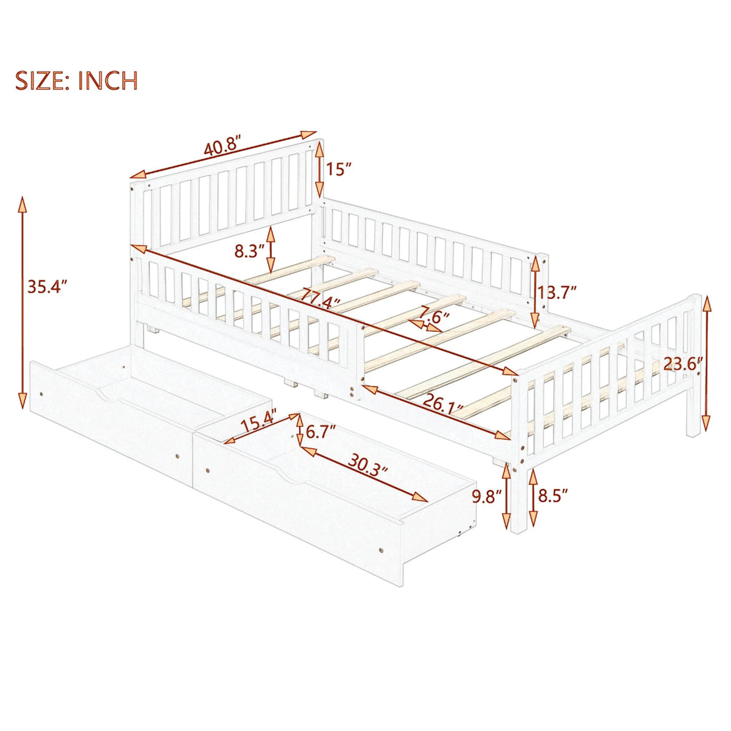 Bellemave Twin Bed with Storage Drawers and Fence Rails, Wood Platform Beds Frame with Headboard, Twin Size Storage Bed for Kids Boys Girls Teens��White)