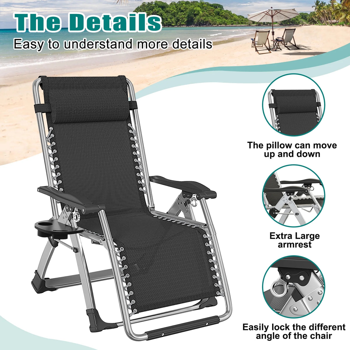 MOPHOTO Zero Gravity Chair Folding Outdoor Patio Recliner with Detachable Cushion,Cup Holder,Headrest,26"D x 20"W x 45"H