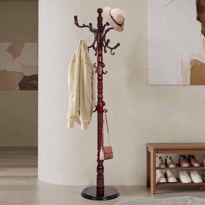 Coat Rack Freestanding, Hall Tree with 11 Hooks, Heavy Duty Wooden Coat Tree Stand, Adjustable Height, Sturdy Base for Bedroom Hallway Office - Load 270lbs