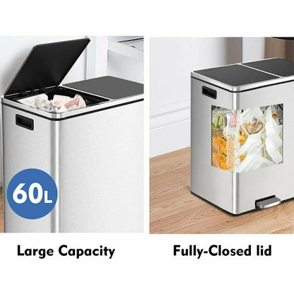 LAZY BUDDY Dual Garbage Can, Stainless Steel 16 Gallon Step Kitchen Trash Can with Soft-Close Lid, Double Compartment Garbage Recycling Bin