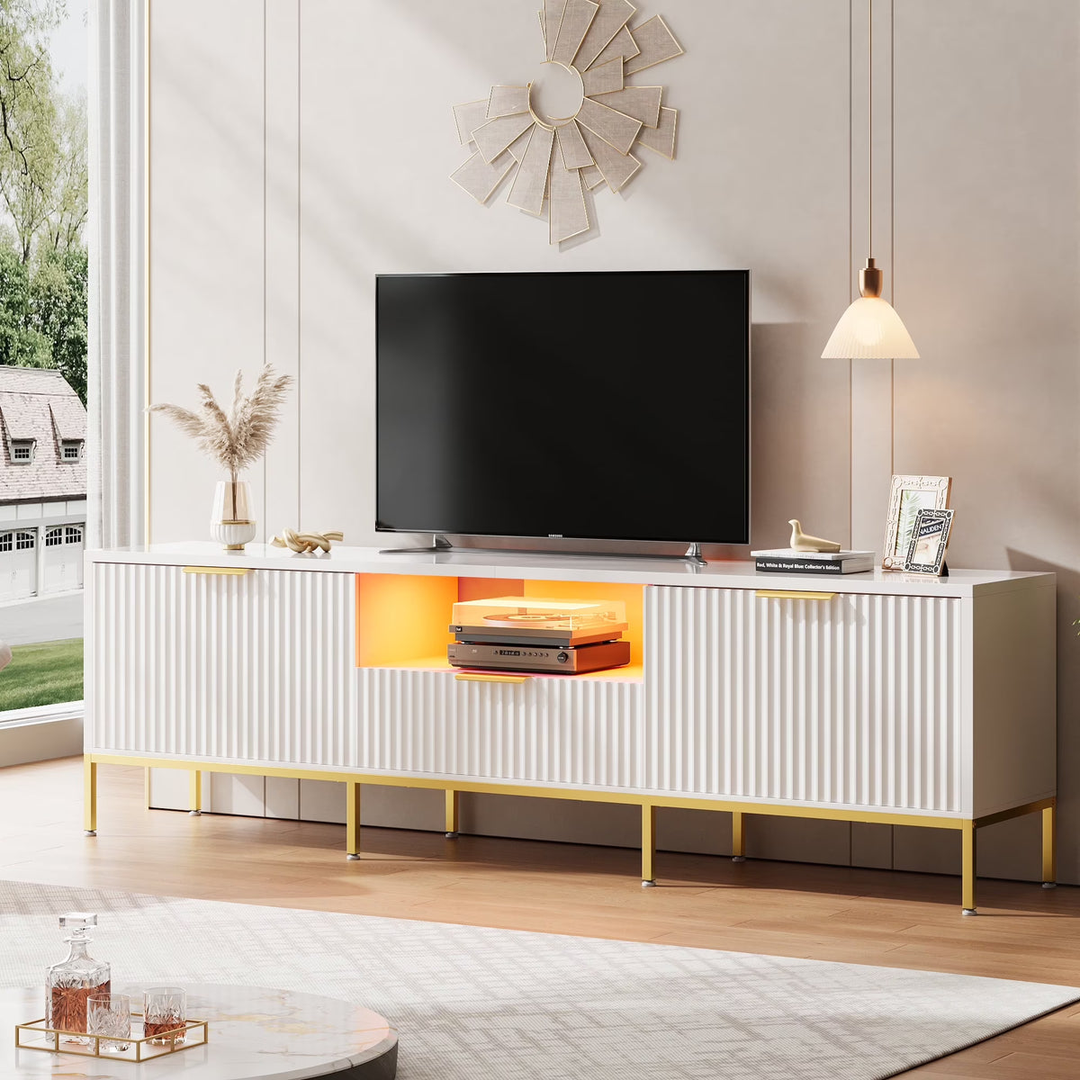 Bestier 55" LED TV Stand for TVs up to 60" Modern High Gloss Entertainment Center with Drawers Cabinets Fluted TV Console, White & Gold