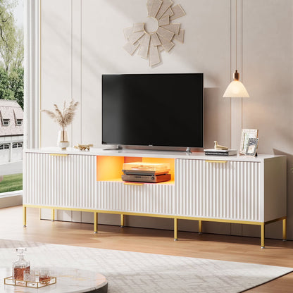 Bestier 55" LED TV Stand for TVs up to 60" Modern High Gloss Entertainment Center with Drawers Cabinets Fluted TV Console, White & Gold
