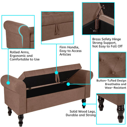 Storage Bench with Upholstered Rolled Arm Ottoman Bench Couch w/ Solid Wood Legs for Bedroom End of Bed,and Living room,Gray