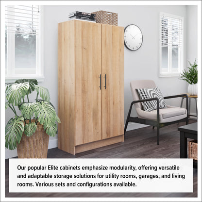 Prepac Elite Tall Garage Storage Cabinet & Pantry Storage Cabinet, 2-Door Freestanding Garage Cabinet with Adjustable Shelves, 16" D x 32" W x 65" H, Oak OES-3264