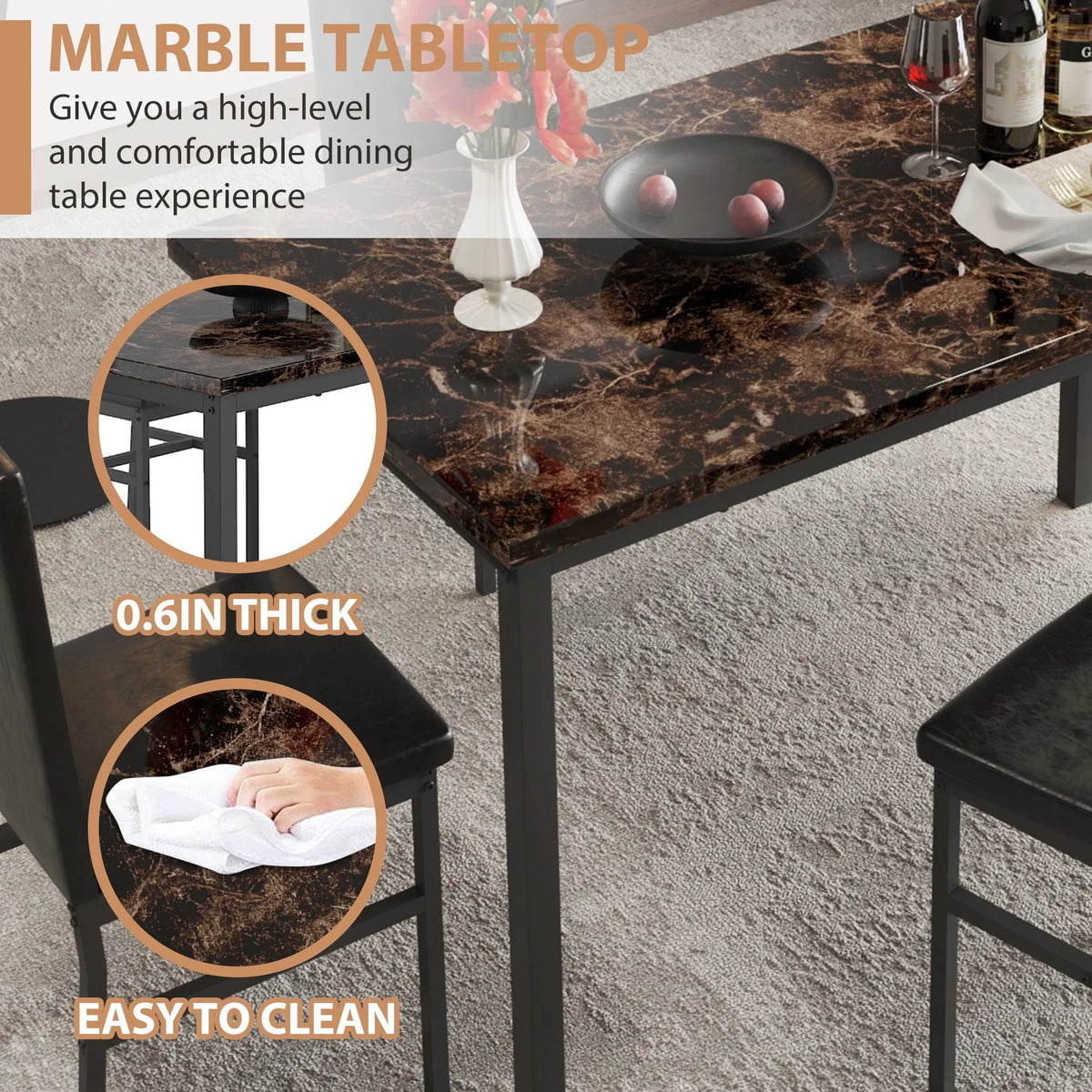uhomepro 5-Piece Dining Room Table Set for 4 Person, Elegant Dining Table Set, Home Kitchen Table with 4 PU Leather Chairs and Metal Dining Room Modern Furniture