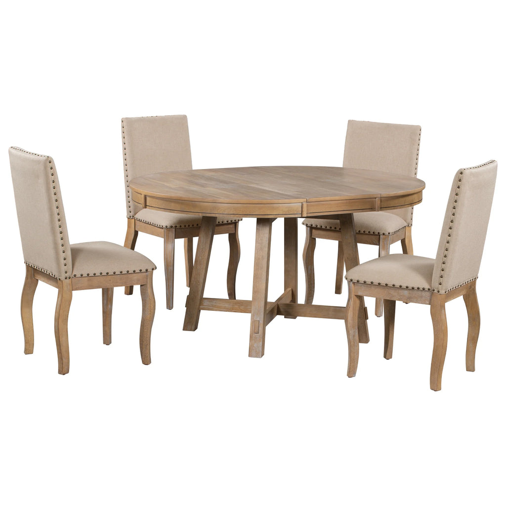 Bellemave 5-Piece Round Dining Table Set, Wood Farmhouse Extendable Dining Table and 4 Upholstered Dining Chairs, Kitchen Dining Table Set for 4 ��Antique White��