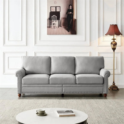 3 Seater Sofa, 82.6" Modern Linen Fabric Tufted Upholstered Accent Sofa with Storage Box and Silver Nails, Curved High Back and Solid Wood Leg for Living Room, 7 Inches Seat Cushion, Grey