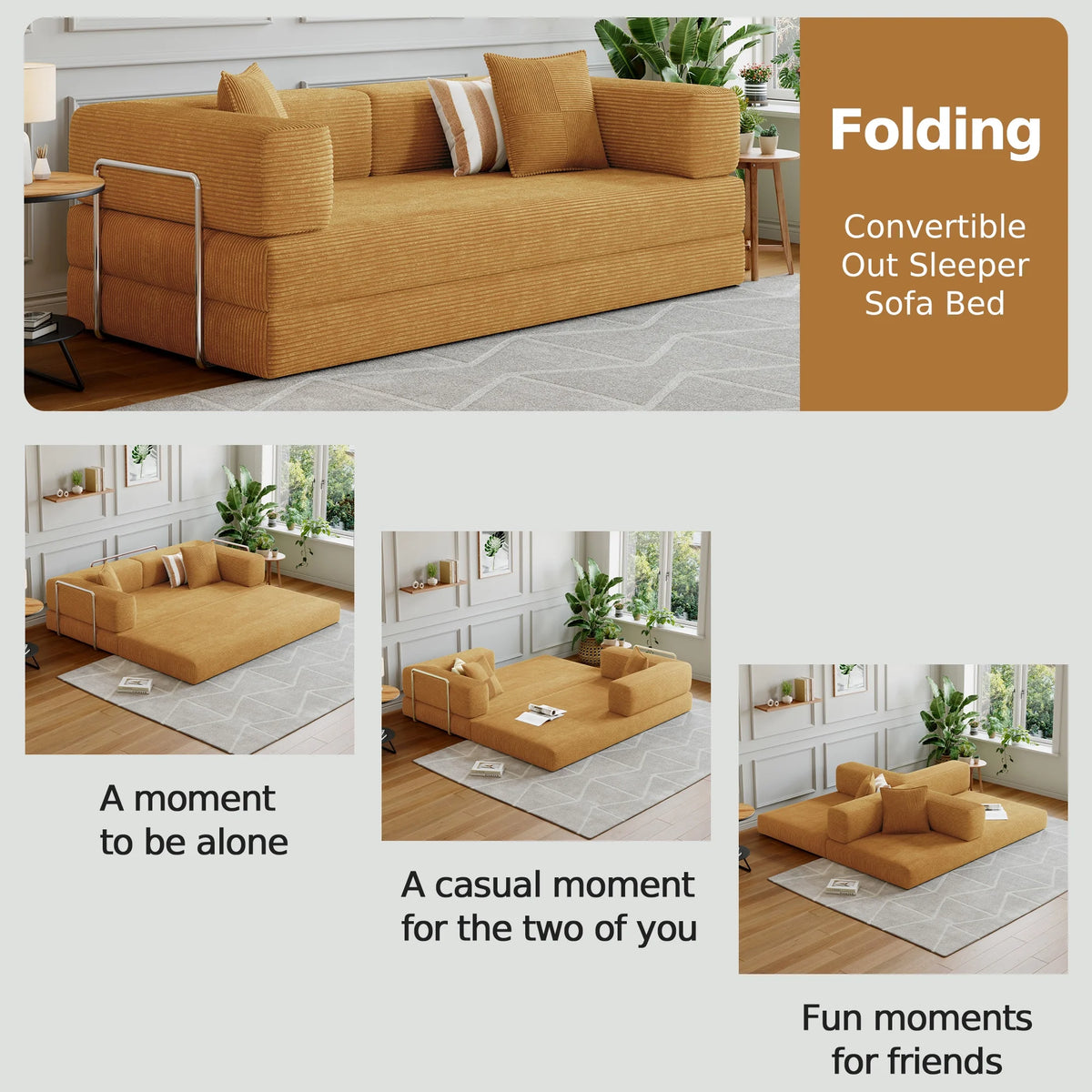Convertible Sleeper Sofa Bed,Compressed Floor Boneless Couch,Modular Modern Corduroy Sofa for Living Room Bedroom -with Fixed-Shape Frame and Support Armrest,Easy Assembly(Green)
