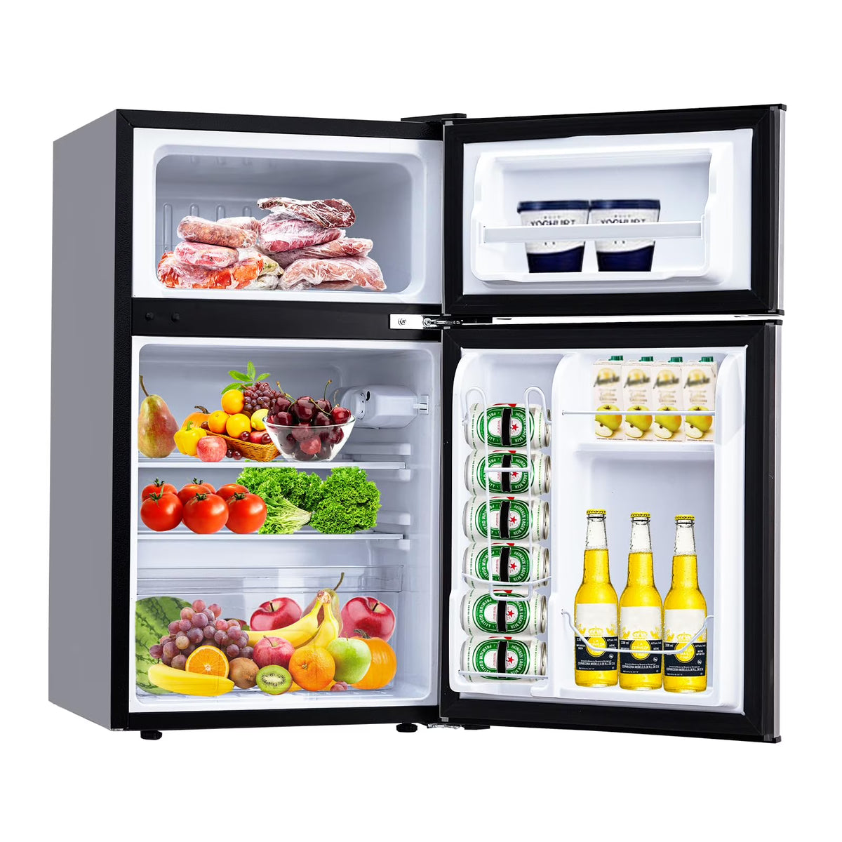 3.2 Cu. Ft Mini Fridge with Freezer, Small Refrigerators Double Door Stainless Steel, 5 Adjustable Thermostat Settings, Compact Internal Freezer with Crisper Drawer for Apartment Dorm, Silver