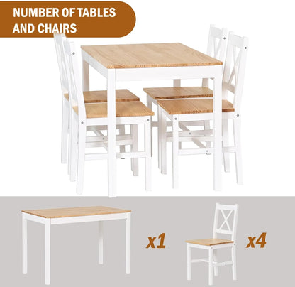 Soges 5 Pieces Dining Table Set, Pine Wood Kitchen Dining Table with 4 Chairs, Wood Rectangular kitchen table and chairs for 4, Small Dining Set for Bar Dining Room Breakfast Nook, White and Gray