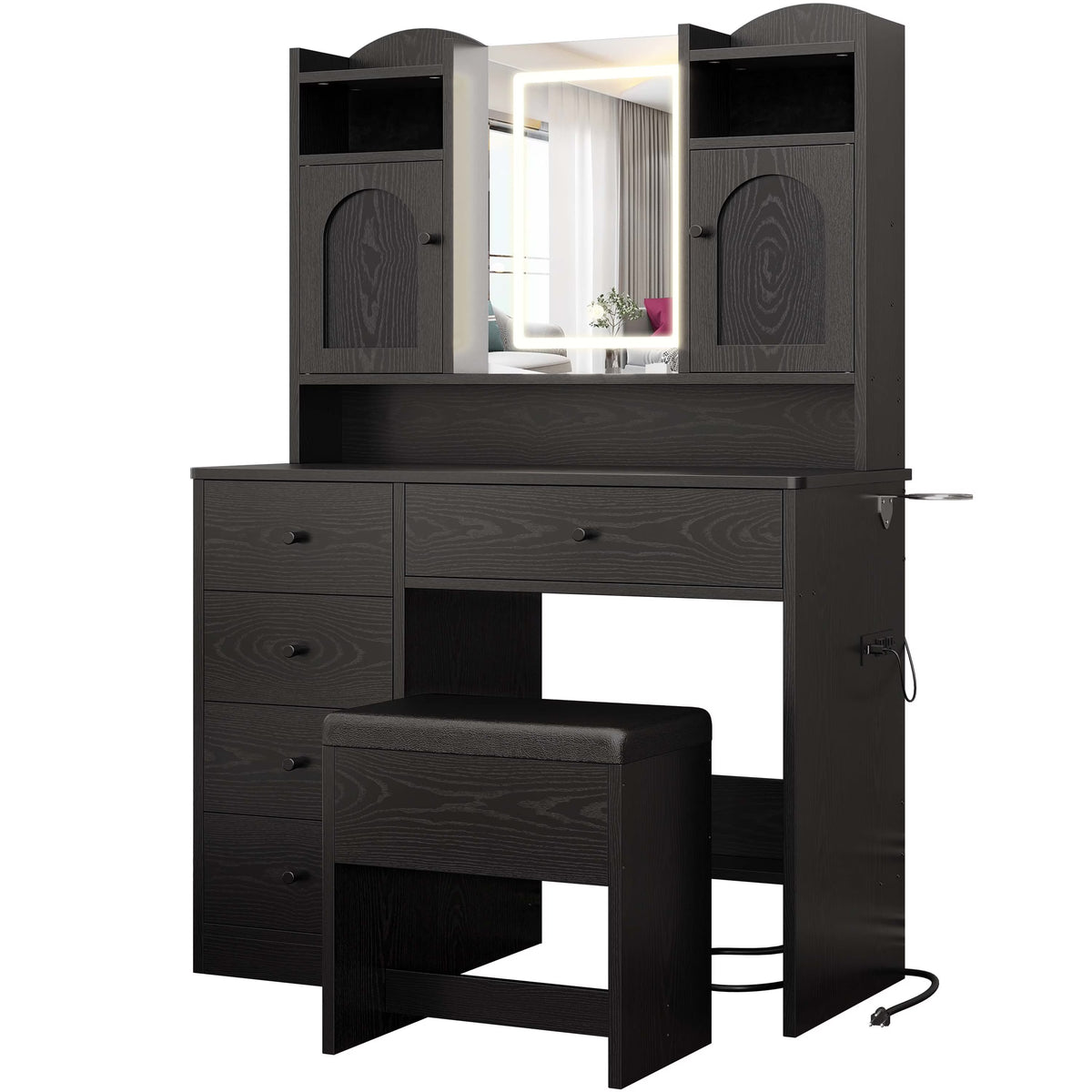 IRONCK White Vanity Set with Mirror and Lights, Makeup Vanity Desk with 5 Drawers & 2 Cabinets & Charging Station