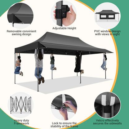 COBIZI 10x20 Pop Up Canopy Heavy Duty Party Tent with Removable Awning and Sidewalls,Easy Up Outdoor Wedding Canopy,Gazebo All Season Windproof&Waterproof with Roller Bag UPF 50+,Black