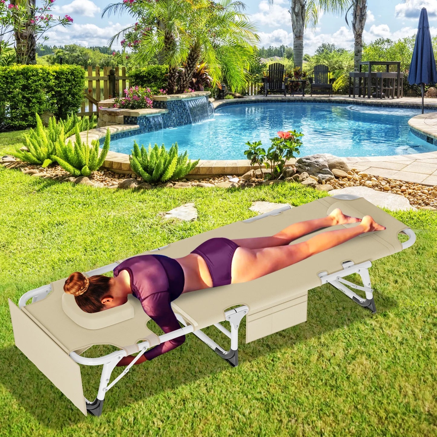 Slsy Folding Lounge Chair, 5-Position Adjustable Outdoor Reclining Chair, Folding Sleeping Bed Cot, Folding Chaise Lounge Chair for Pool Beach Patio Sunbathing