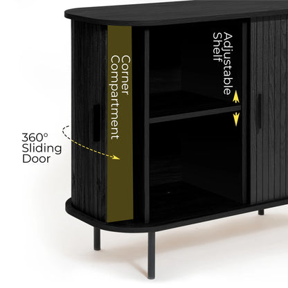 LuxenHome 35" Mid Century Modern Accent Cabinet, Small Buffet Cabinet with Sliding Door, Oak