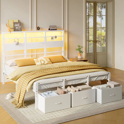 Pinmoco LED Queen Bed Frame with 49.2" High Storage Headboard and 4 Drawers, Adjustable Base Height Metal Platform Bed with Charging Station, Rustic