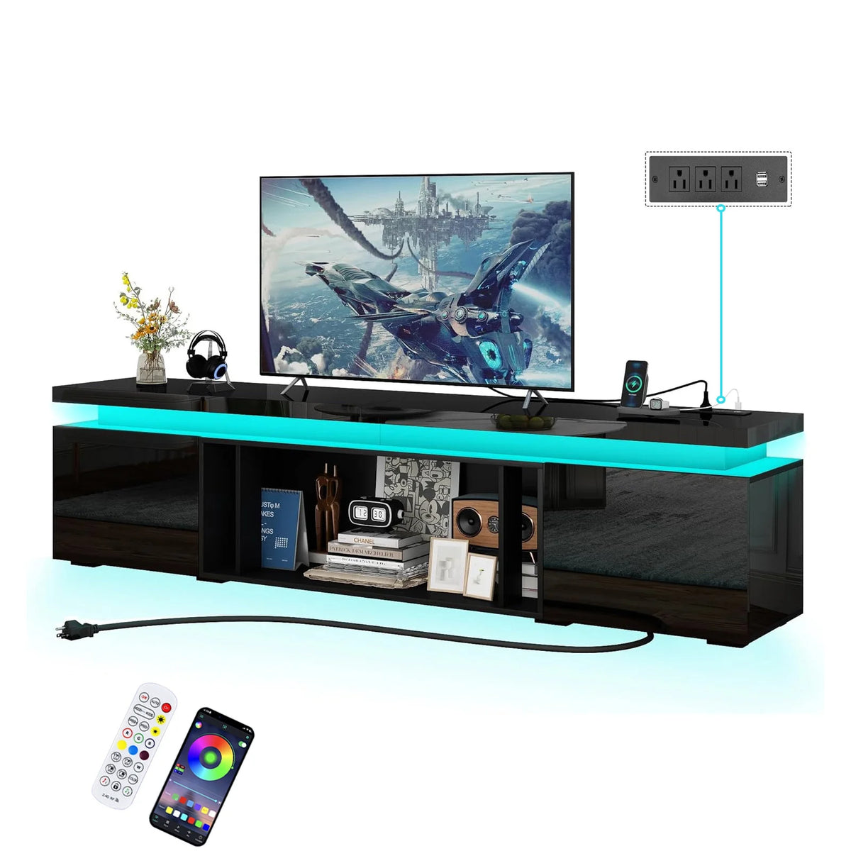 Blotout High Gloss LED TV Stand for up to 80" TVs /40" Electric Fireplace, 71" Large Entertainment Center Console Table with Power Charging Station