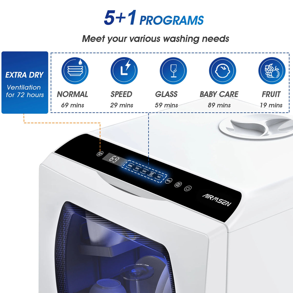 AIRMSEN Portable Countertop Dishwasher with 5-Liter Built-in Water Tank and Air-Dry Function, 5 Washing Programs Mini Dishwasher, AE-TDQR03