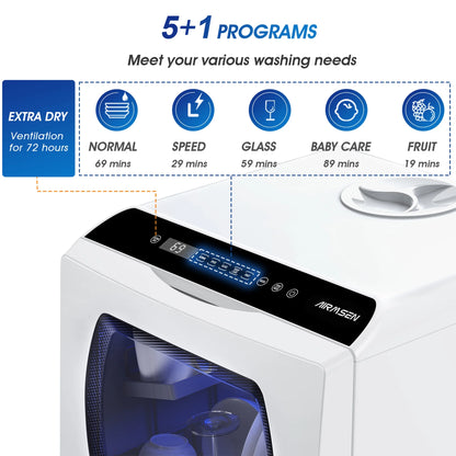AIRMSEN Portable Countertop Dishwasher with 5-Liter Built-in Water Tank and Air-Dry Function, 5 Washing Programs Mini Dishwasher, AE-TDQR03