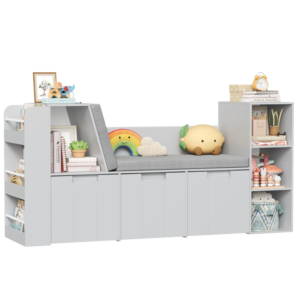 Homfa 4-in-1 Kids Toy Storage Cabinet, Bookshelf with 3 Drawers, Sturdy Toy Organizer with Reading Nook for Kids Room Playroom, Gray