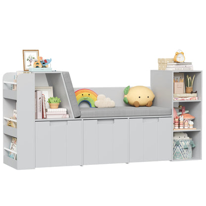 Homfa 4-in-1 Kids Toy Storage Cabinet, Bookshelf with 3 Drawers, Sturdy Toy Organizer with Reading Nook for Kids Room Playroom, Gray