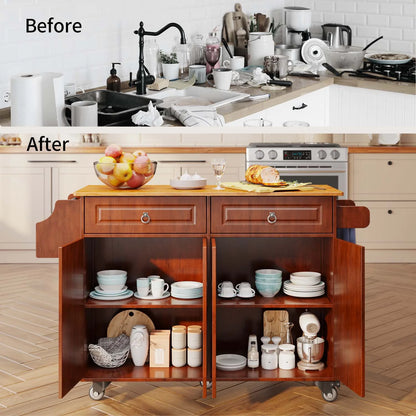 Lofka 52-Inch Kitchen Island with Storage on Wheels with Wood Drop Leaf, Ideal for Small Kitchens