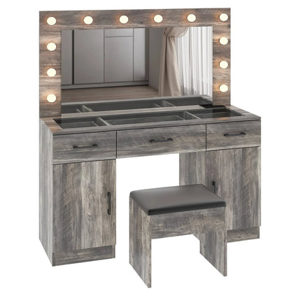 Ktaxon Large Makeup Vanity, Vanity Table Set w/ Visible Glass Top w/ Charging Station, White