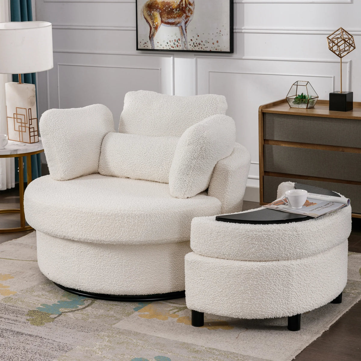 Muumblus Teddy Swivel Accent Barrel Chair, Modern Oversize Sherpa Comfy Round Reading Armchair for Living Room, Ivory
