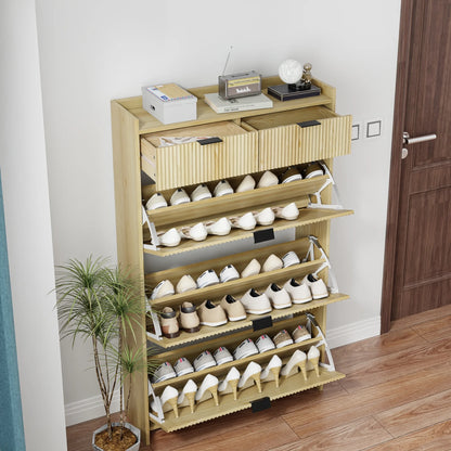 Shoe Cabinet, Free Standing Tipping Bucket Shoe Rack Organizer with 3 Flip Drawers, Modern Entryway Narrow Shoe Rack with 2 Drawers & Top Storage, for Hallway Bedroom, Walnut