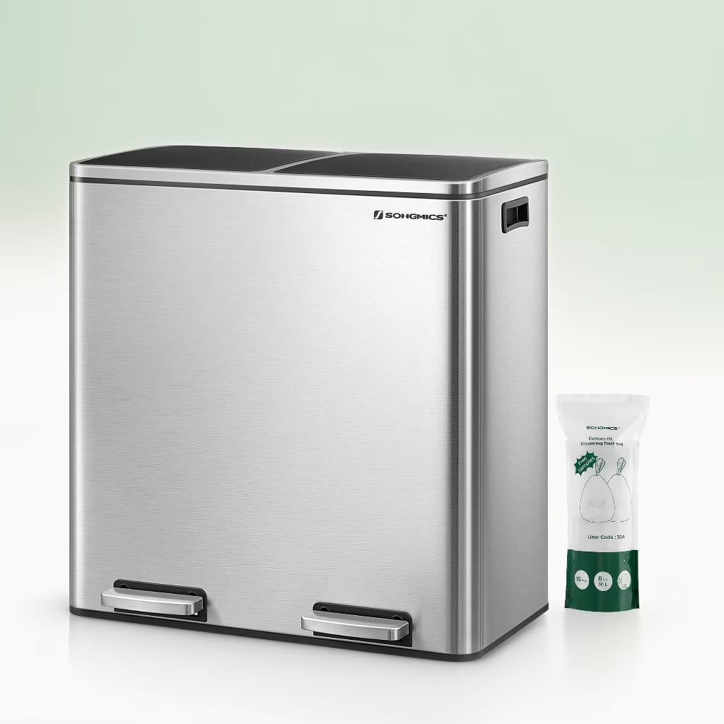 16 Gallon Dual Trash Can, Rubbish Bin and 15 Trash Bags, Metal, Almond Color