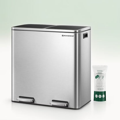 16 Gallon Dual Trash Can, Rubbish Bin and 15 Trash Bags, Metal, Almond Color