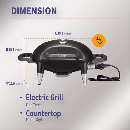 VANSTON Indoor/Outdoor Electric Grill, 1500W Electric Barbecue Grill & Smoker, Black with Built-In Thermometer