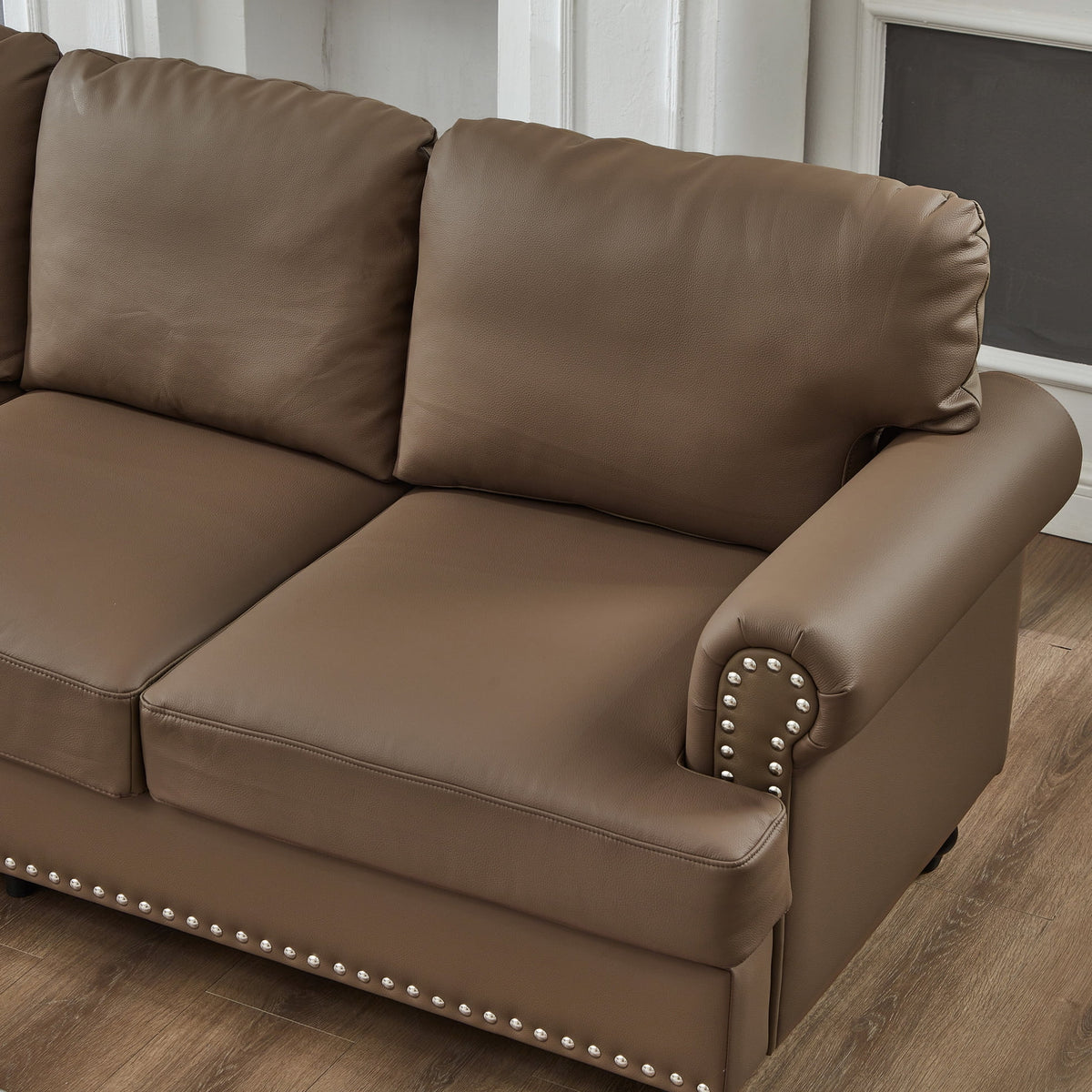 2 Piece Living Room Sofa Set, Modern Leather 3 Seater and Loveseat Sofa with Storage Seats and Rolled Nails Arms for Living Room, Brown