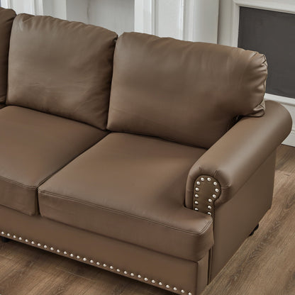 2 Piece Living Room Sofa Set, Modern Leather 3 Seater and Loveseat Sofa with Storage Seats and Rolled Nails Arms for Living Room, Brown