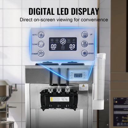KFFKFF Commercial Soft Ice Cream Machine 21-31 L/H Output 3-Flavor  LED Display Auto Clean 4.3L/1.1GAL Hopper ,1.7L/0.45gal Cylinder