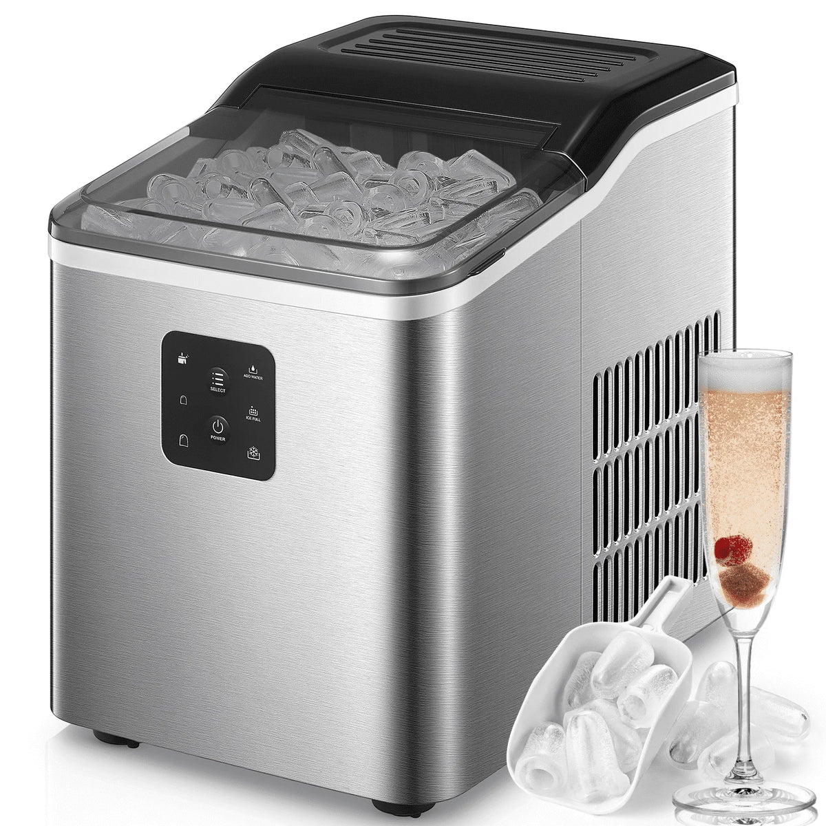 Stainless Steel Ice Makers Countertop 30lbs in 24h, 9 Bullet Cubes in 5 Mins, 2 Sizes, Self-Clean, FOHERE
