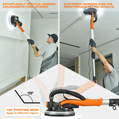 POVANLI 780W Electric Drywall Sander with Vacuum Dust Collection, 6.5A Motor Dustless Floor Sander with Variable Speed 900-1800RPM, LED Light, Extendable & Foldable Handle Yellow+Black