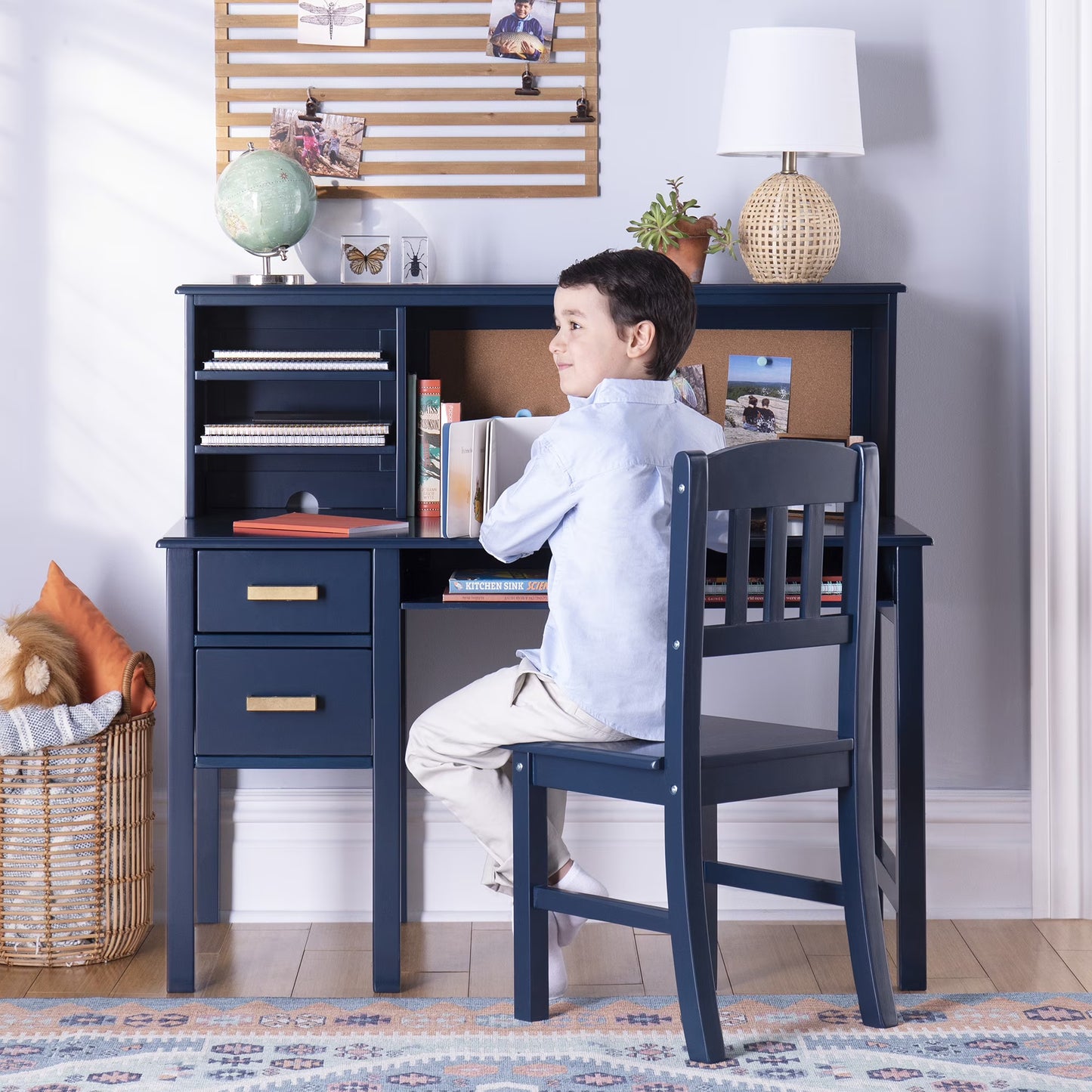 Guidecraft Taiga Kids Desk and Chair Set with Hutch - Navy: Kids Wooden Computer Desk with Storage Drawers and Shelves | Kids Study Table for Bedroom