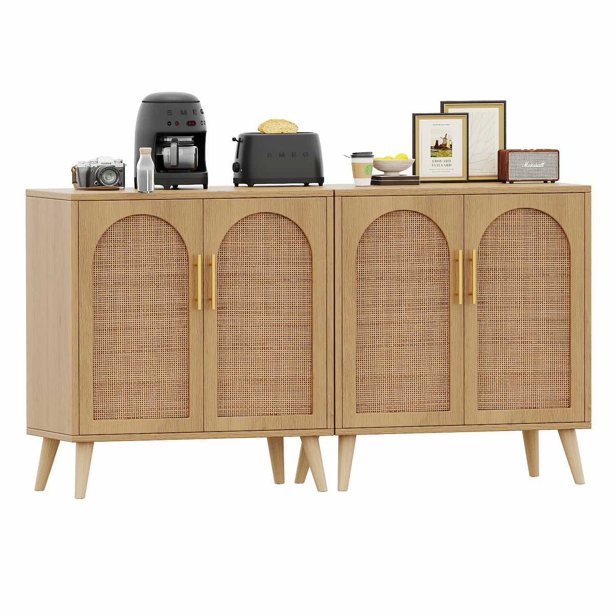 Rovaurx Set of 2 Rattan Storage Cabinet with Doors, Accent Bathroom Floor Cabinet, Modern Sideboard Buffet Cabinet for Living Room, Entryway, Dining Room and Kitchen, Natural