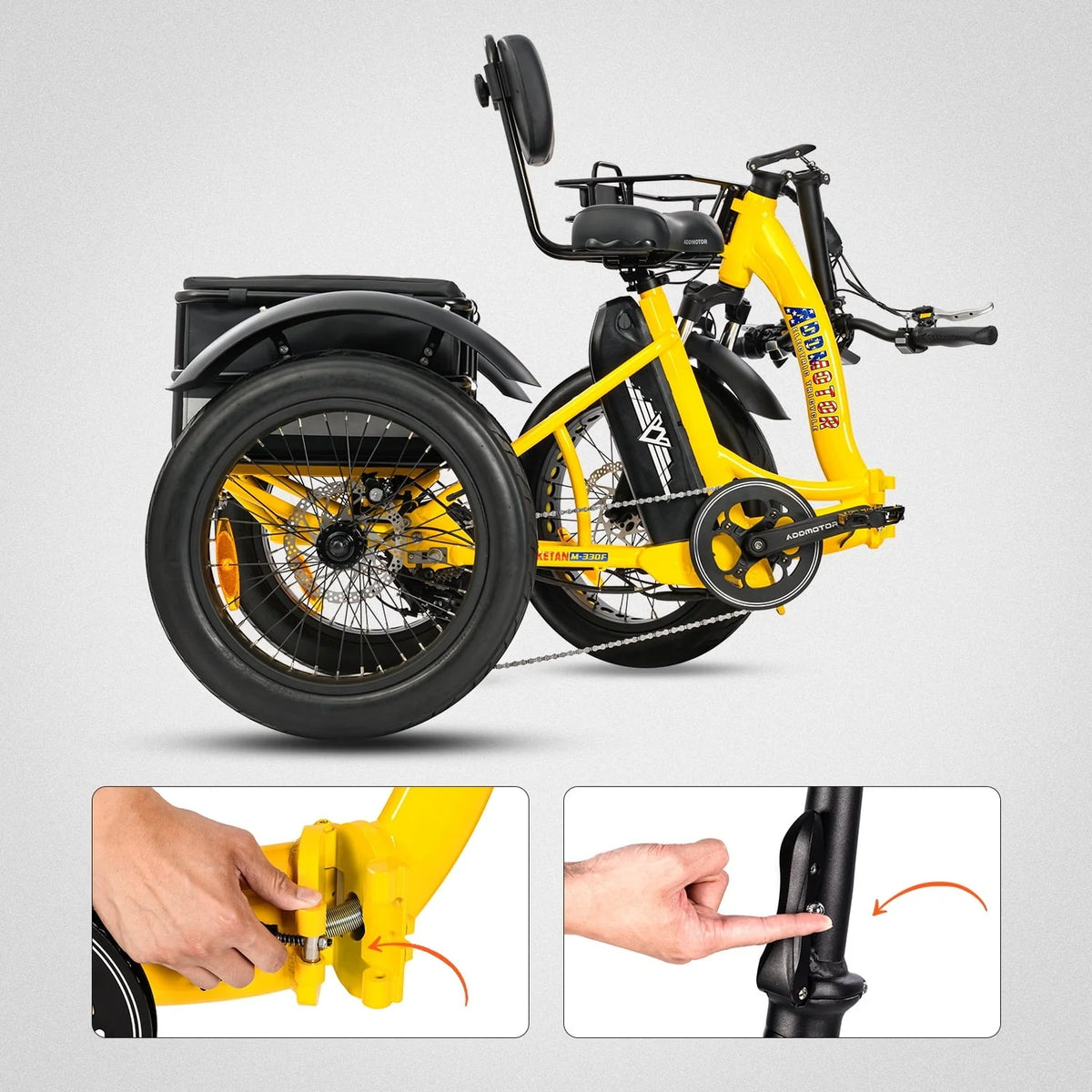 Addmotor Electric Trike, 750W Foldable Electric Tricycle, Folding Electric Trike for Adults,48V 20Ah Removable Battery,20" Fat Tire Electric Trikes with Rear Speed Differential,M-330F Yellow