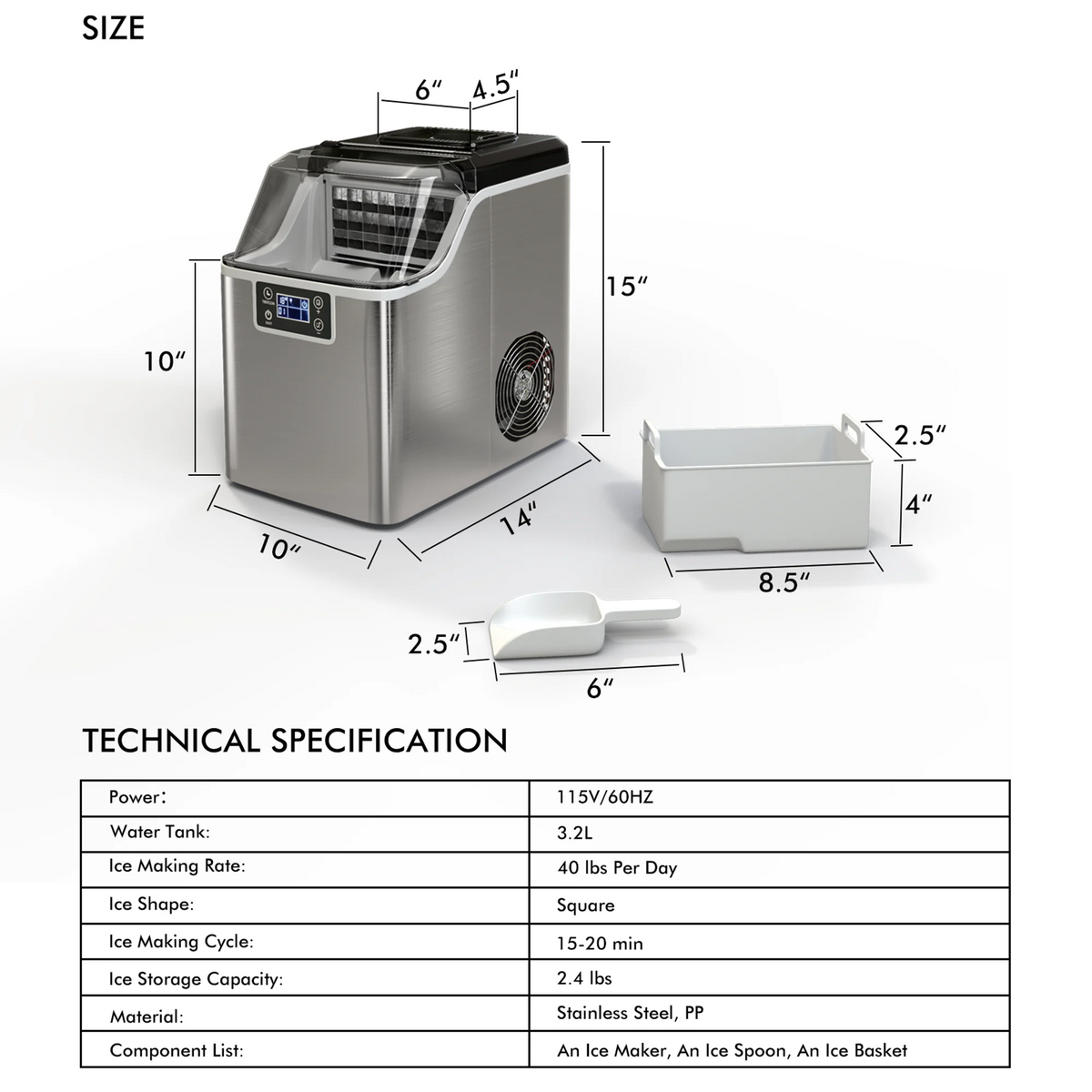 Portable Ice Maker 40Lbs/24H Countertop Self-Cleaning with Ice Scoop and Basket