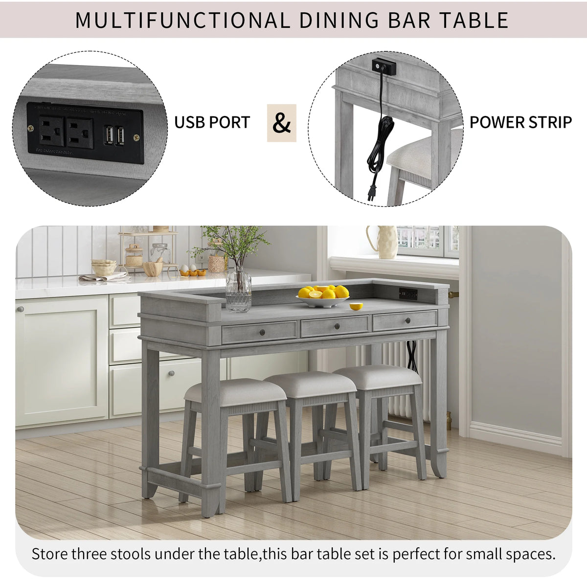 Harper & Bright Designs 4 Piece Bar Table Set for 4, Kitchen Dining Stools Set with 3 Upholstered Stools with 3 Drawers and USB Port, Gray