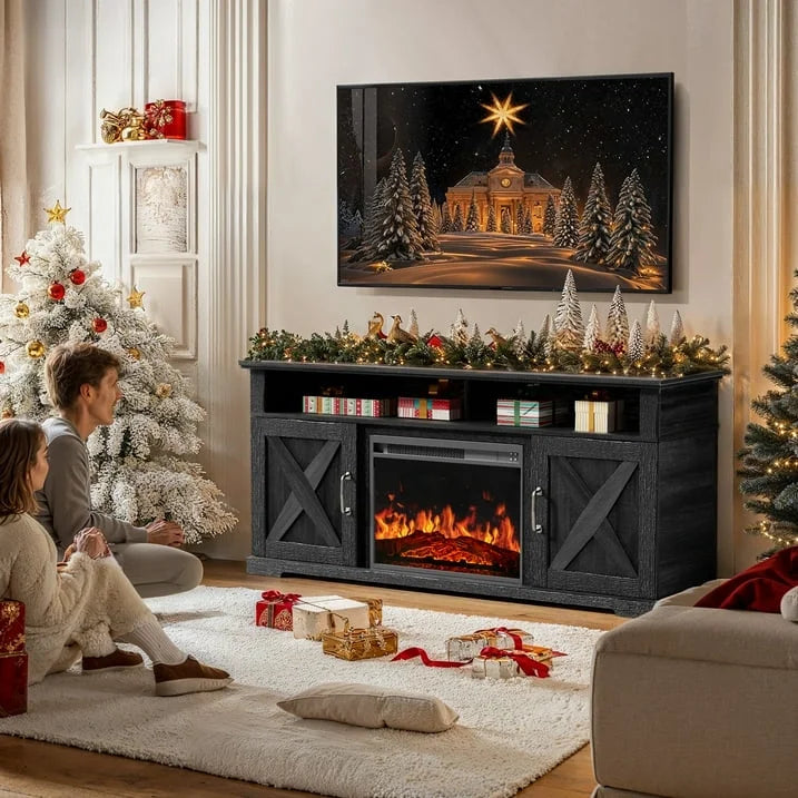 Electric Fireplace TV Stand for TVs up to 75", Farmhouse Entertainment Center with Fireplace, Grey